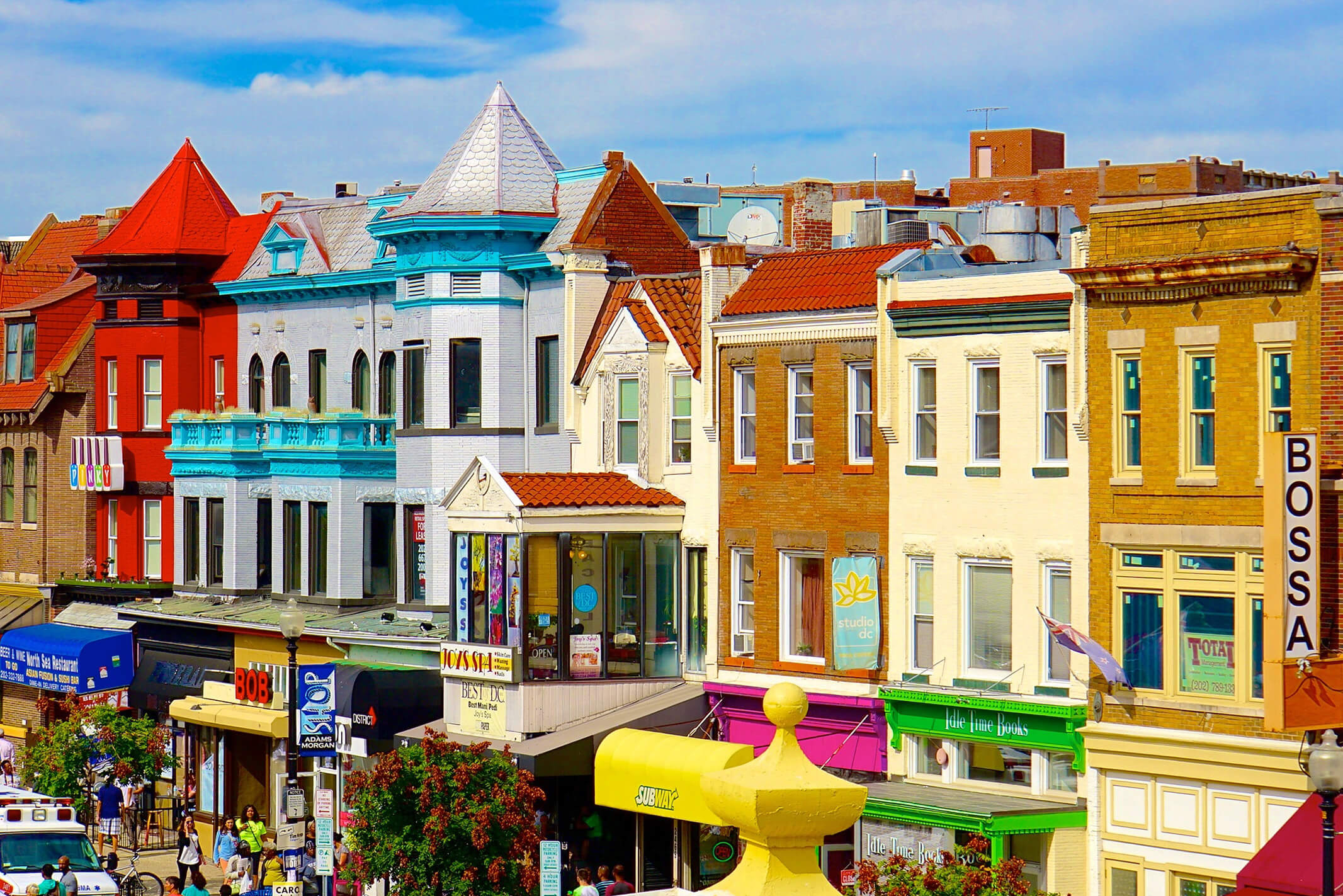 Street view of colorful buildings and shops